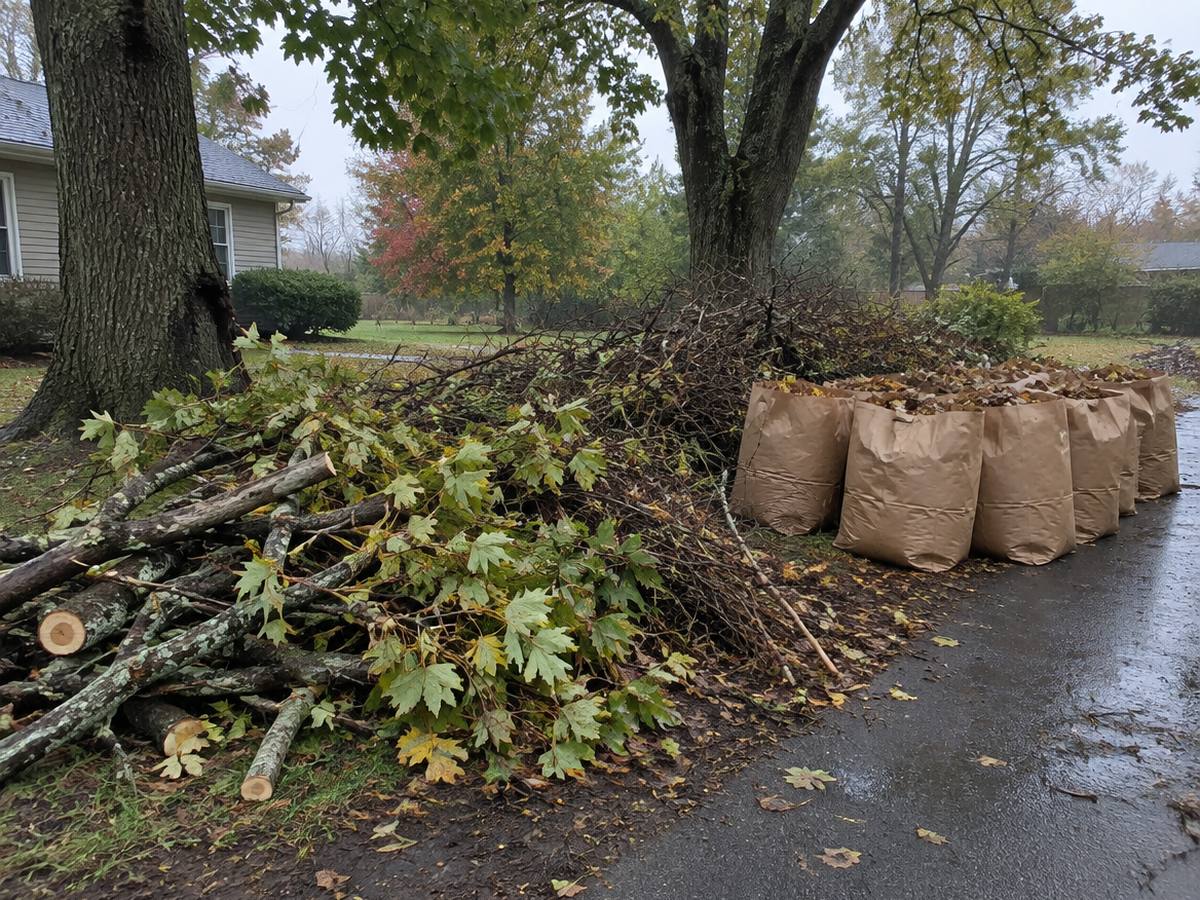 A heap of cut branches sits beside a row of paper leaf bags along a wet driveway on an overcast autumn day