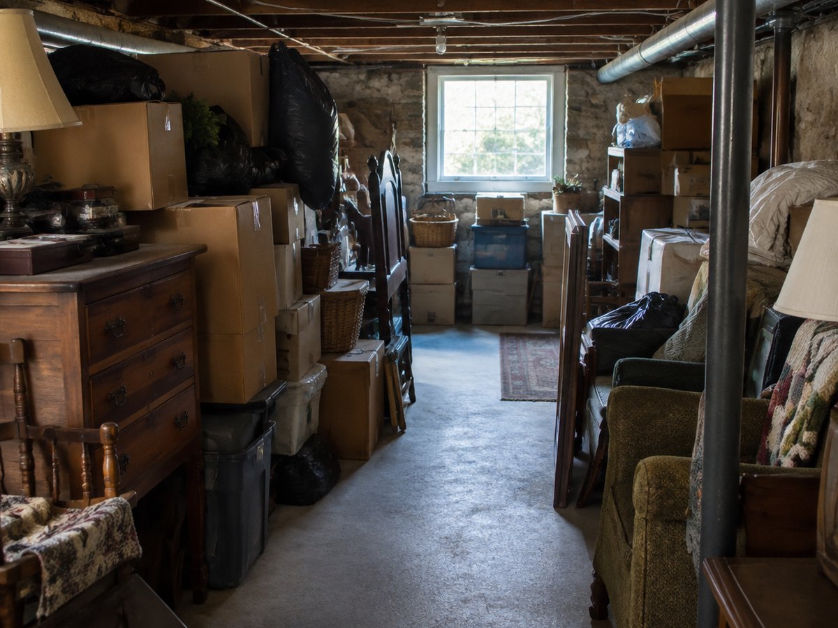 Boxes, bags and furniture crowd both sides of a narrow path through a dim basement toward a small window