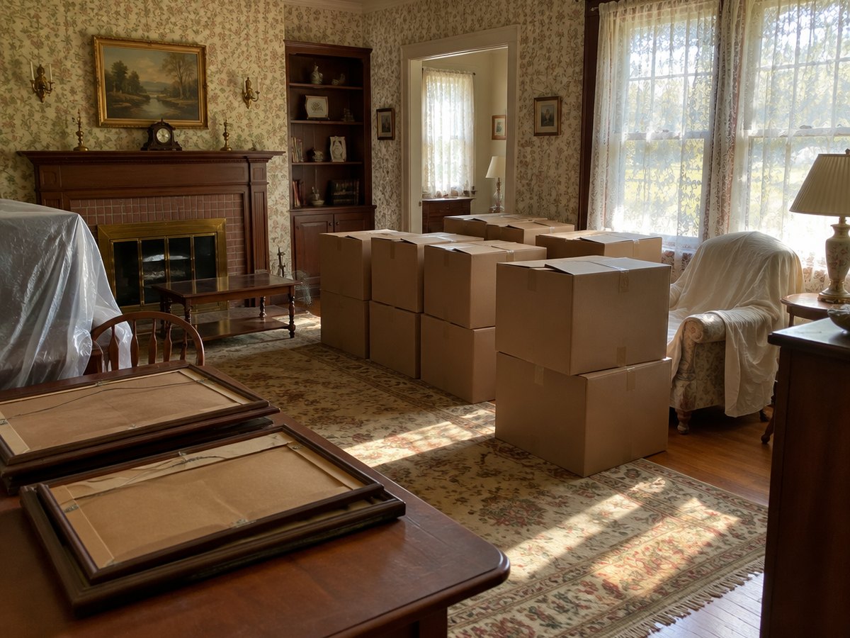 Packed cardboard boxes fill a sunlit living room with floral wallpaper, a brick fireplace and furniture under sheets