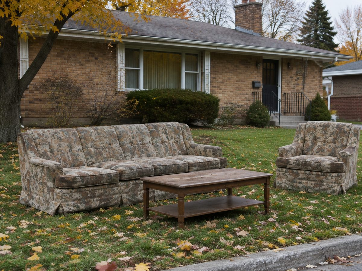 A floral sofa, a matching armchair and a wooden coffee table sit on the lawn near the curb in front of a brick ranch in autumn