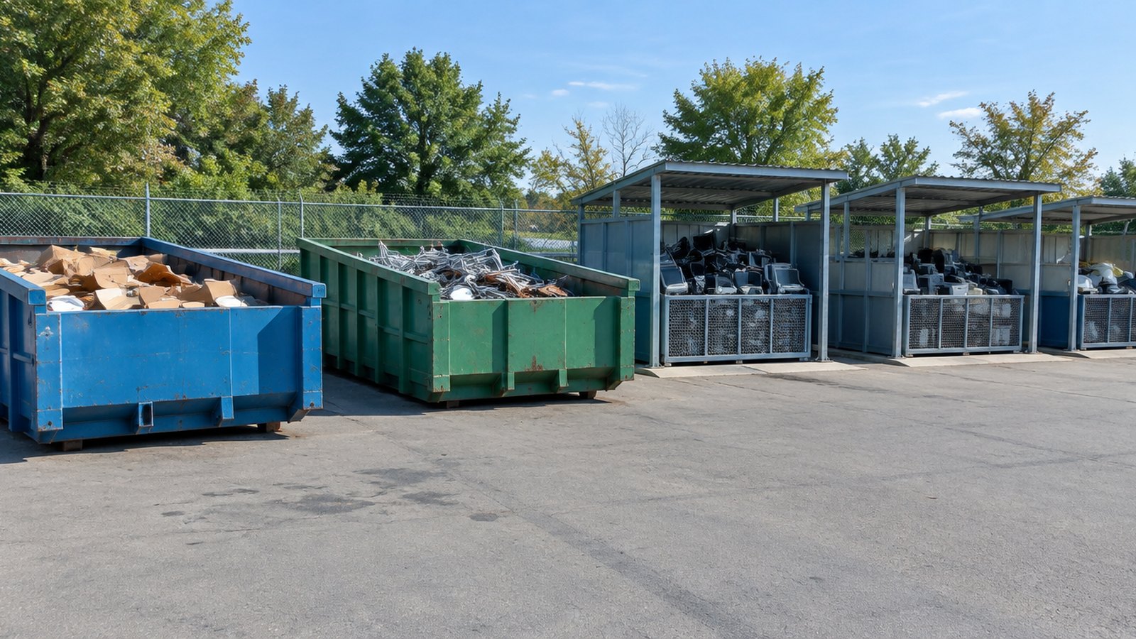 Open roll-off containers of cardboard and scrap metal stand beside covered bays holding old electronics at a drop-off yard