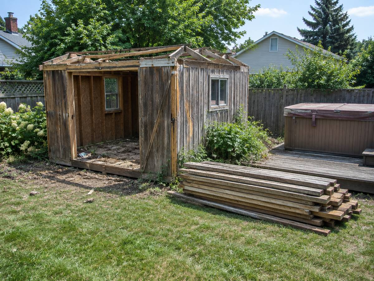 A weathered wood shed stripped of its roof stands beside a covered hot tub and a stack of salvaged boards in a fenced backyard