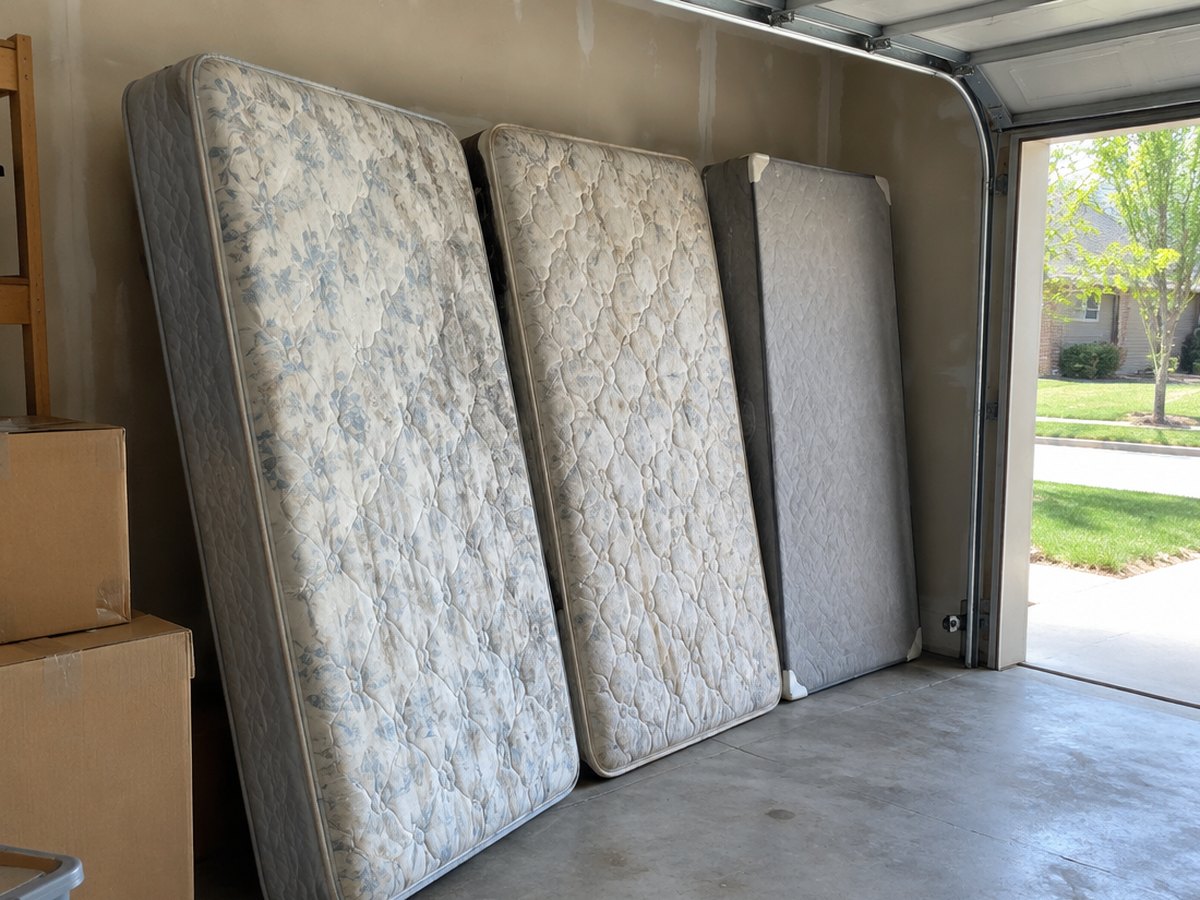 Two worn mattresses and a box spring lean against the wall of a garage with the door open to a sunny street