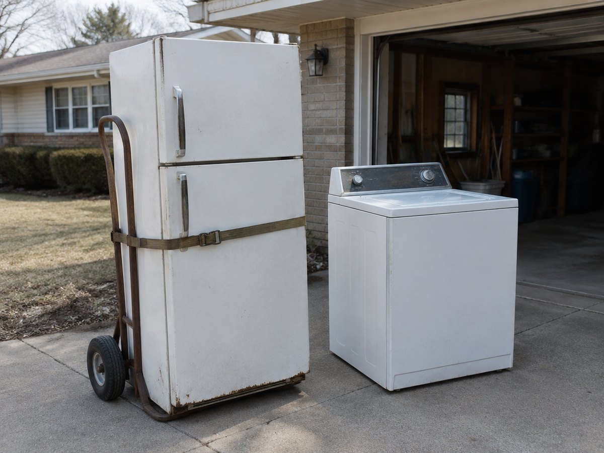 An old refrigerator strapped to a hand truck stands beside a top-loading washer at the mouth of an open garage