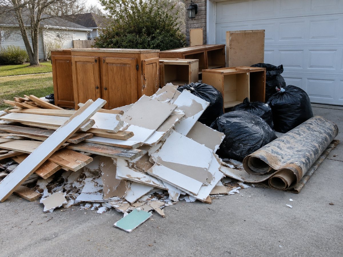 Old kitchen cabinets, broken drywall, lumber, rolled carpet and black bags piled on a driveway in front of a garage