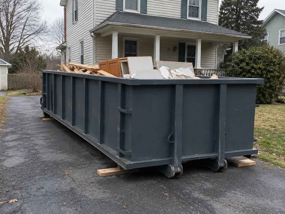 A dark roll-off container loaded with remodel debris sits on boards across an asphalt driveway in front of a two-story house