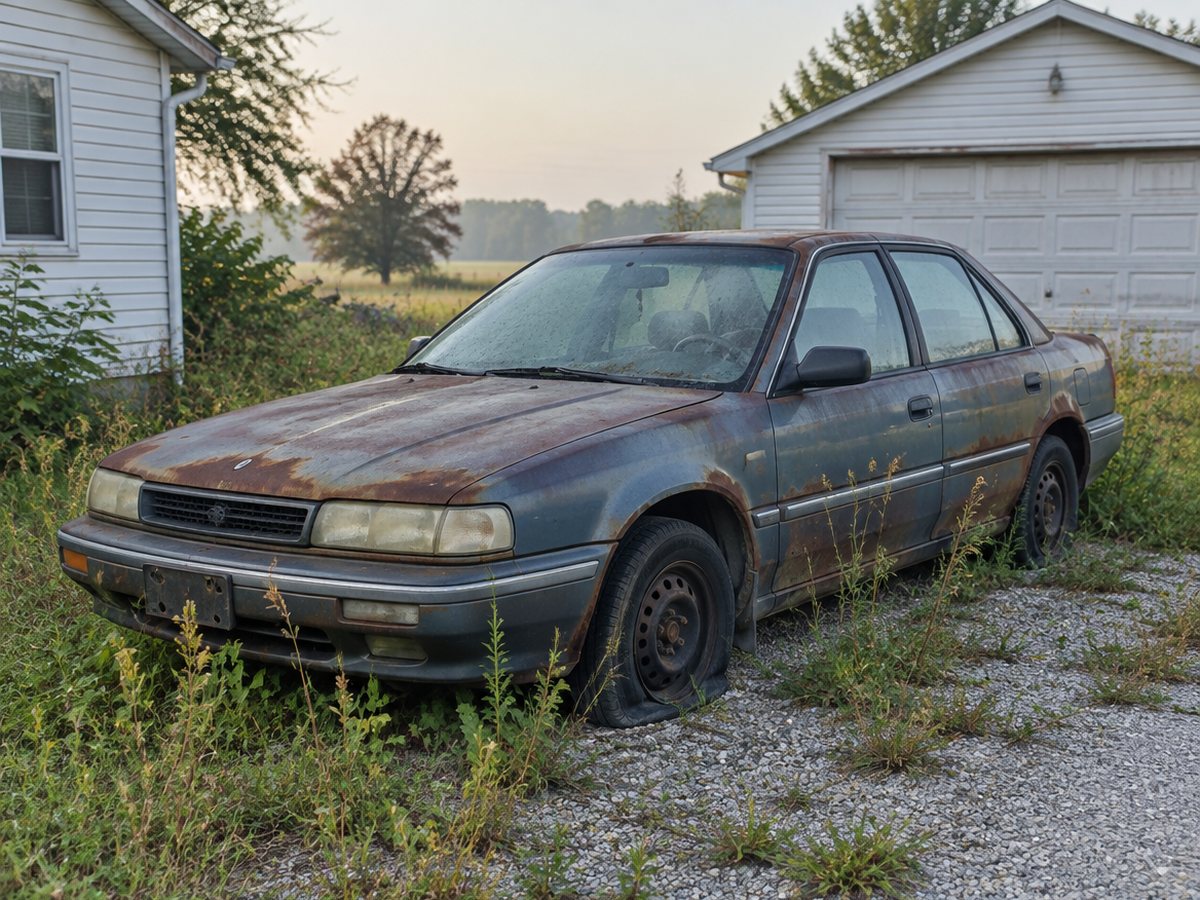 A rusted older sedan with a flat front tire sits in weeds on a gravel drive beside a detached garage