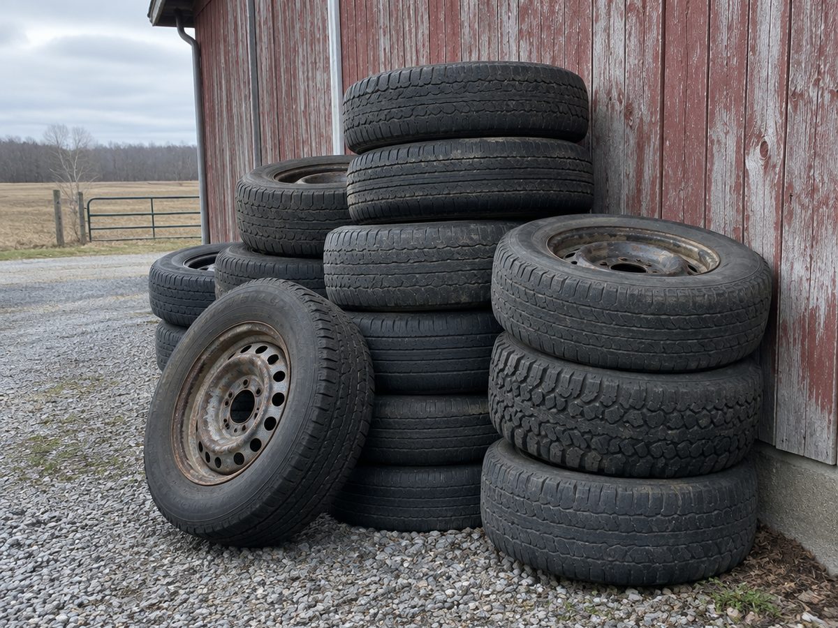 Stacks of worn tires, some still on steel wheels, lean against a weathered red barn beside a gravel lot
