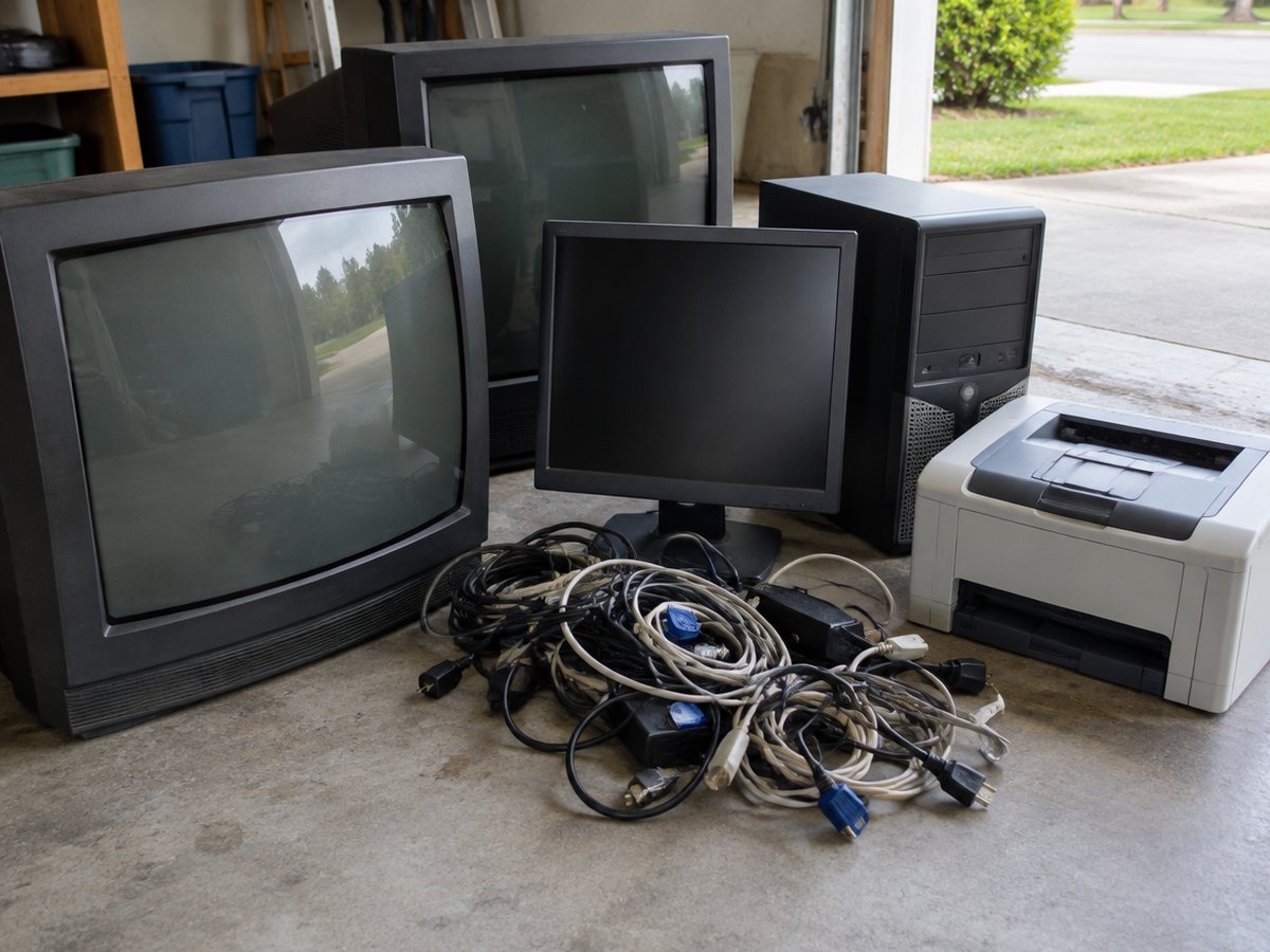 Two tube televisions, a flat monitor, a computer tower, a printer and a tangle of cables gathered on a garage floor